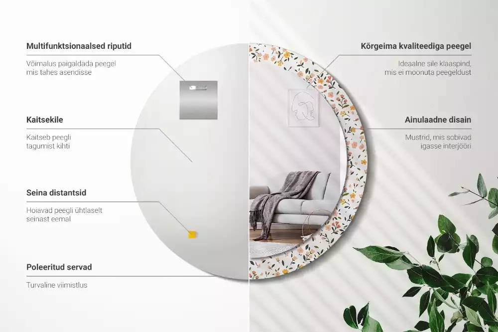 Miroir rond cadre avec impression Petites fleurs