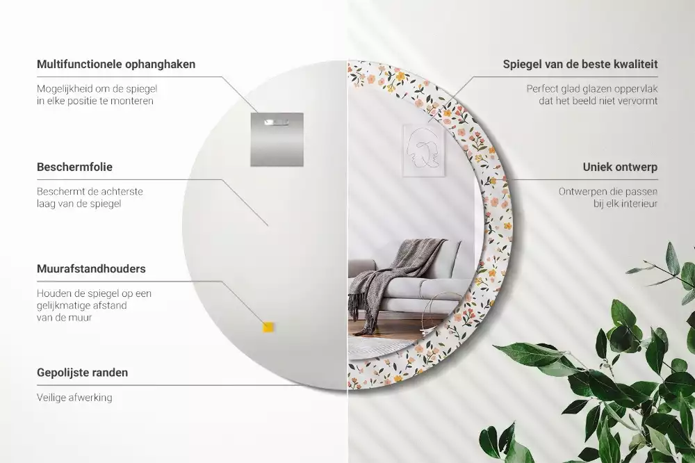 Miroir rond cadre avec impression Petites fleurs