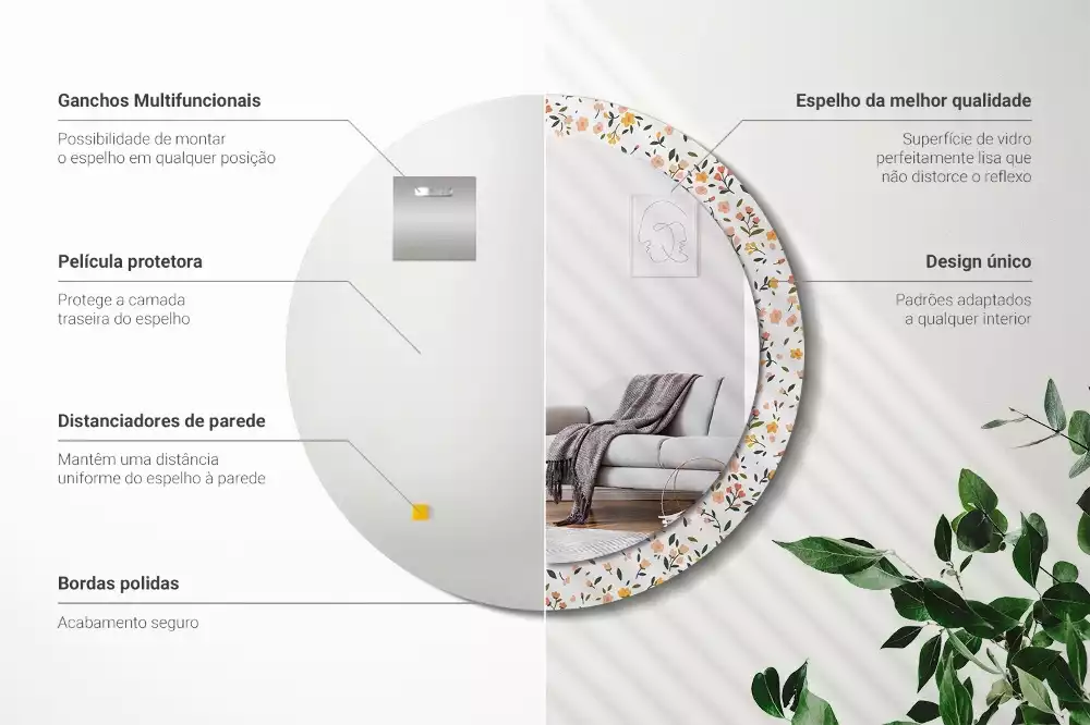 Miroir rond cadre avec impression Petites fleurs