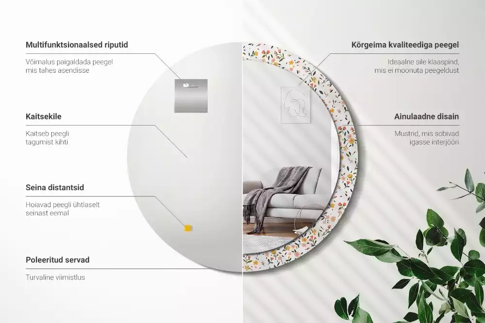 Miroir rond cadre avec impression Petites fleurs