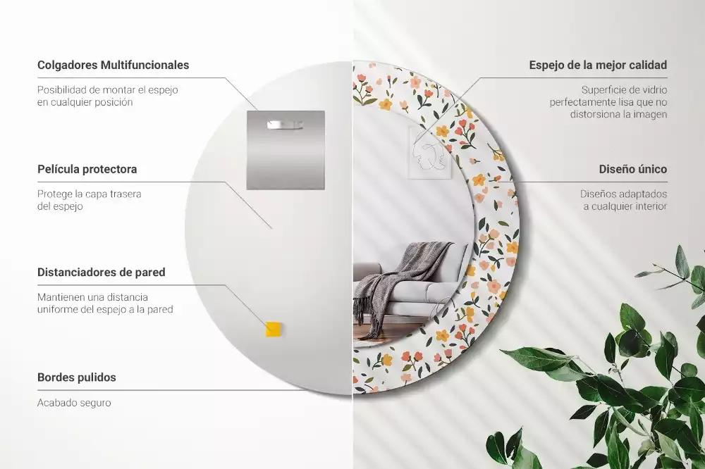 Miroir rond cadre avec impression Petites fleurs