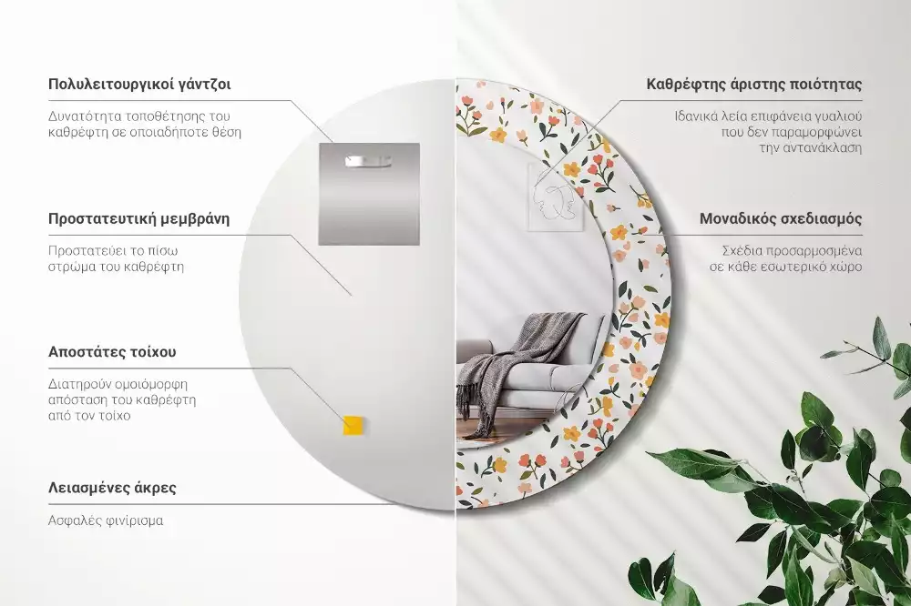 Miroir rond cadre avec impression Petites fleurs