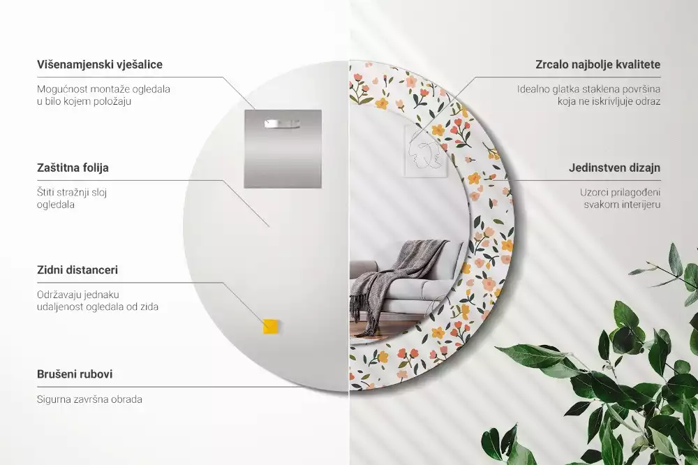 Miroir rond cadre avec impression Petites fleurs