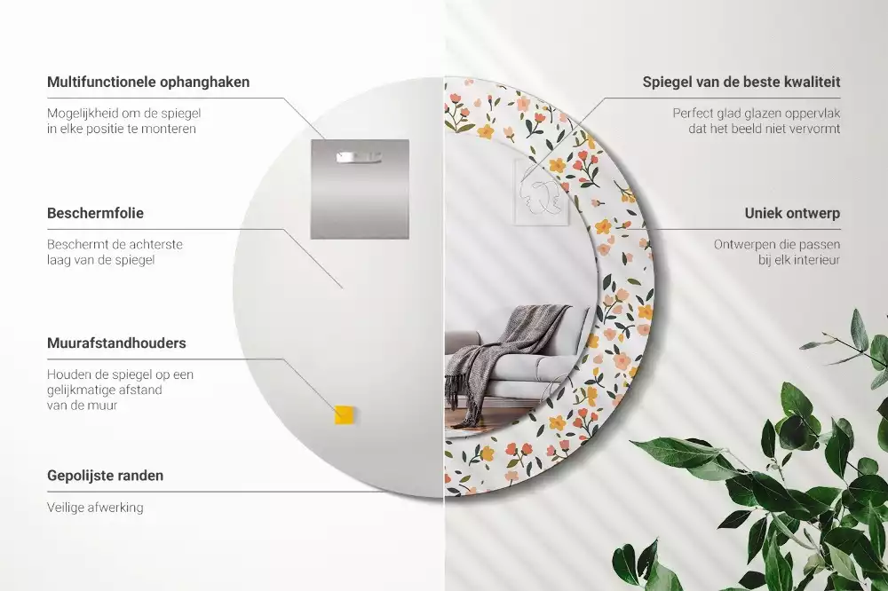 Miroir rond cadre avec impression Petites fleurs