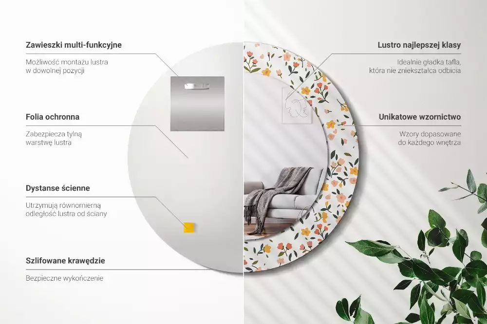 Miroir rond cadre avec impression Petites fleurs