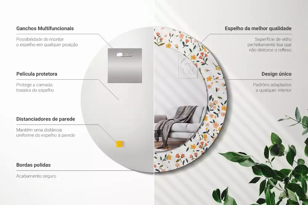 Miroir rond cadre avec impression Petites fleurs