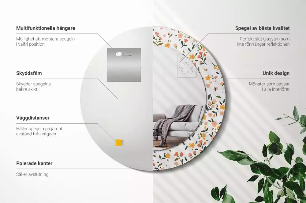 Miroir rond cadre avec impression Petites fleurs