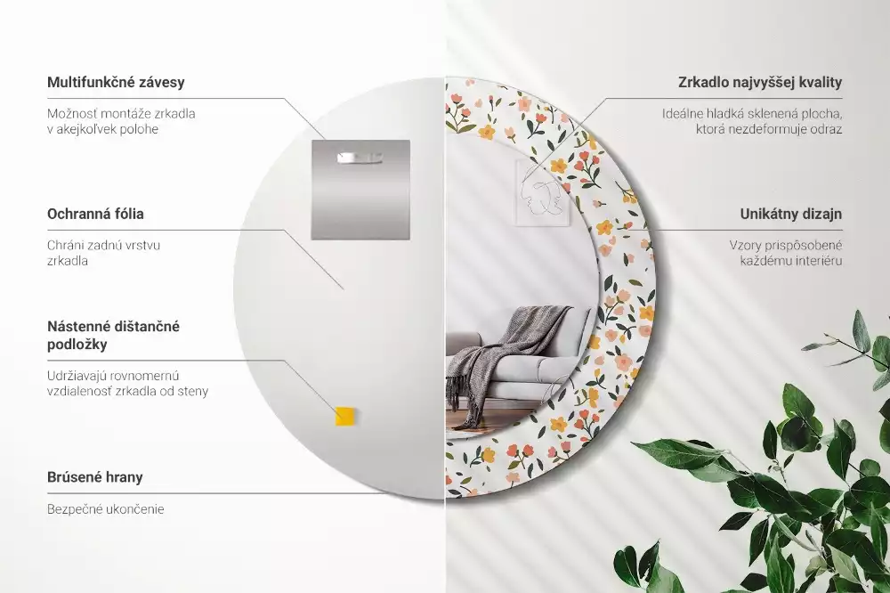 Miroir rond cadre avec impression Petites fleurs