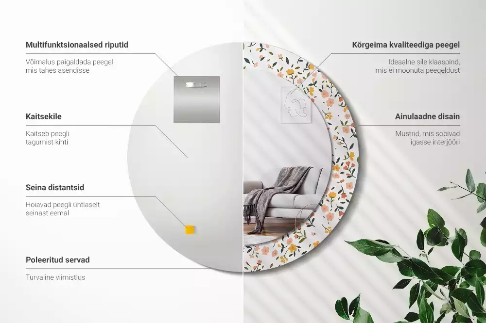 Miroir rond cadre avec impression Petites fleurs