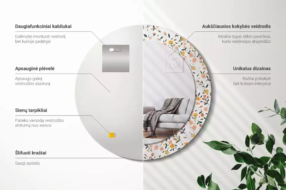 Miroir rond cadre avec impression Petites fleurs