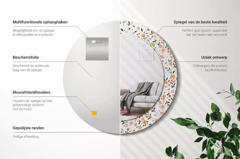 Miroir rond cadre avec impression Petites fleurs