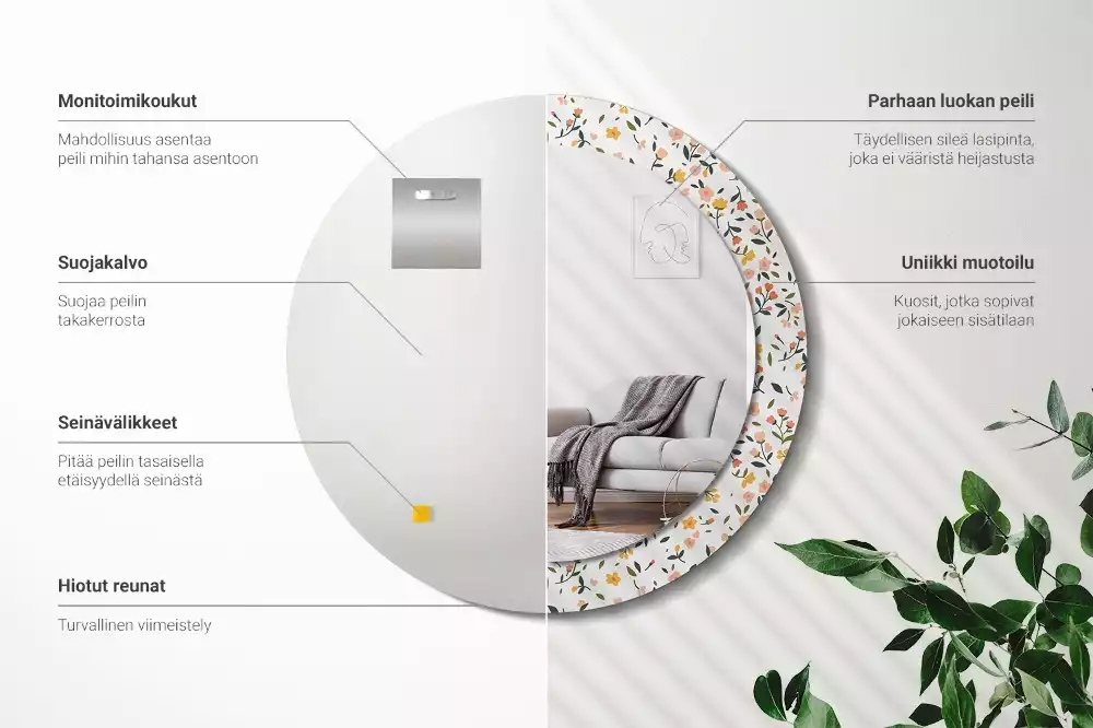 Miroir rond cadre avec impression Petites fleurs