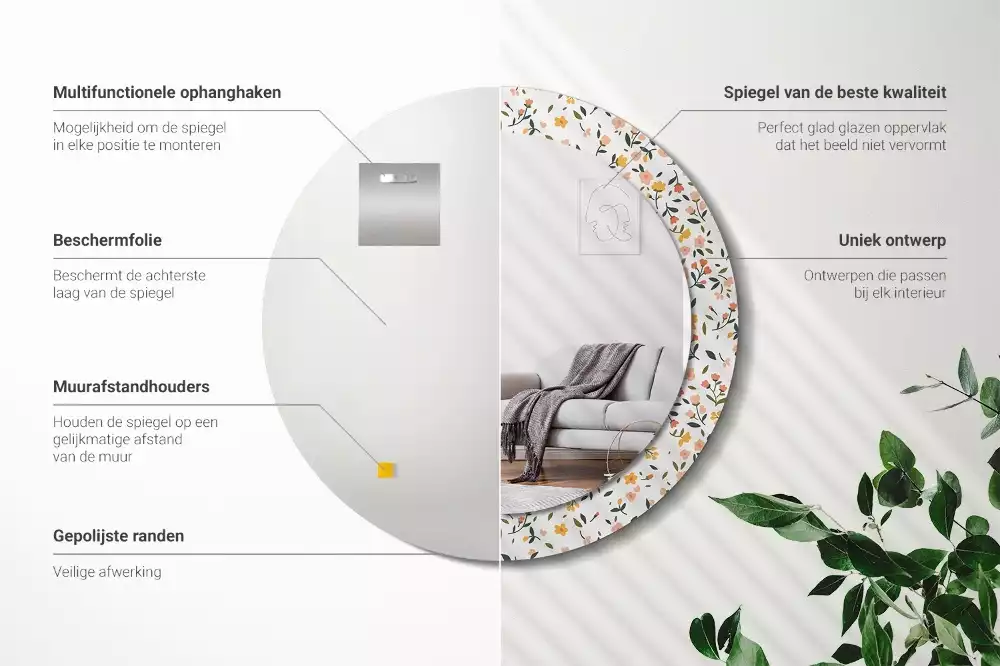 Miroir rond cadre avec impression Petites fleurs