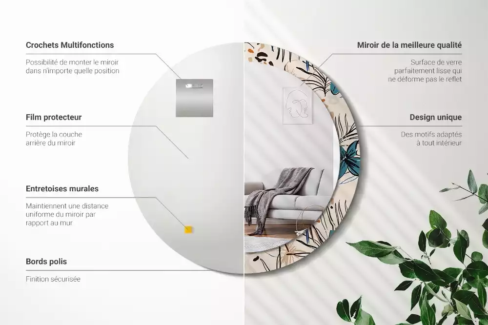 Miroir rond imprimé Fleurs style jungle