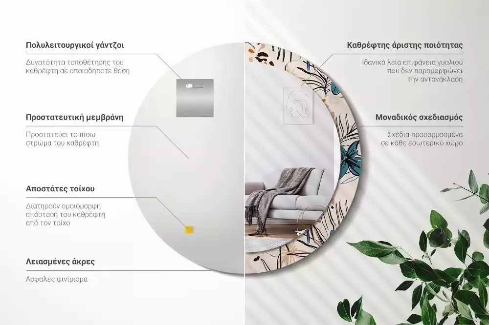 Miroir rond imprimé Fleurs style jungle