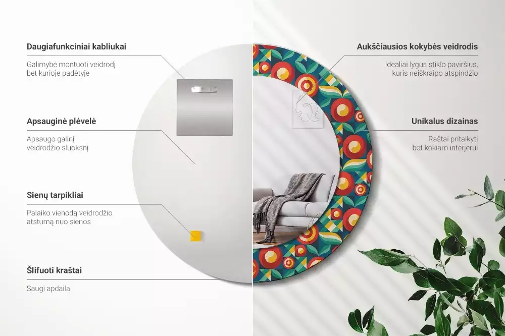 Miroir rond avec décoration Fruits et feuilles géométriques