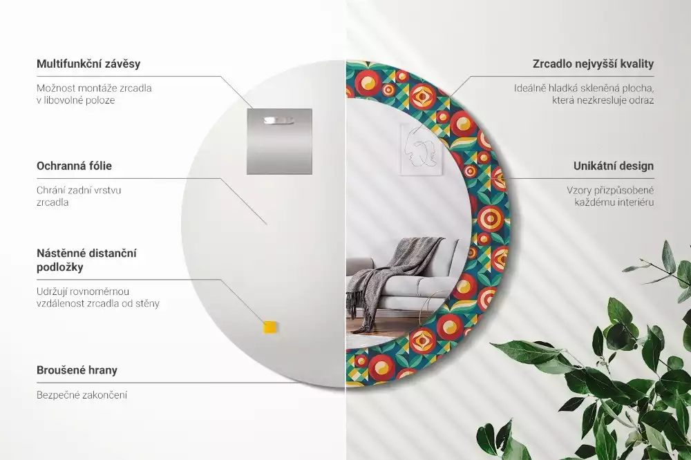 Miroir rond avec décoration Fruits et feuilles géométriques