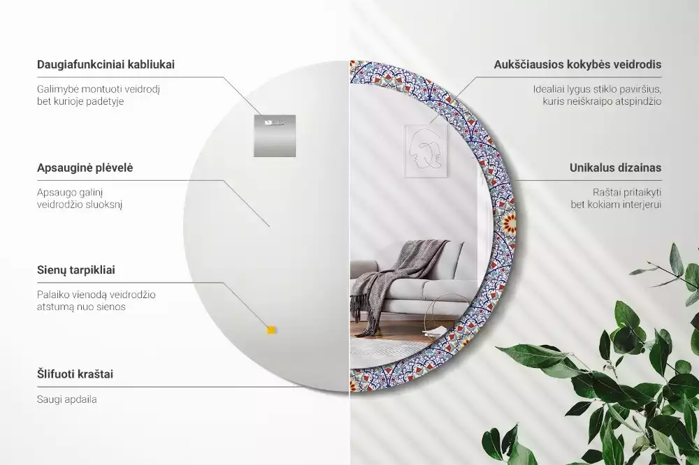 Miroir rond cadre avec impression Composition orientale