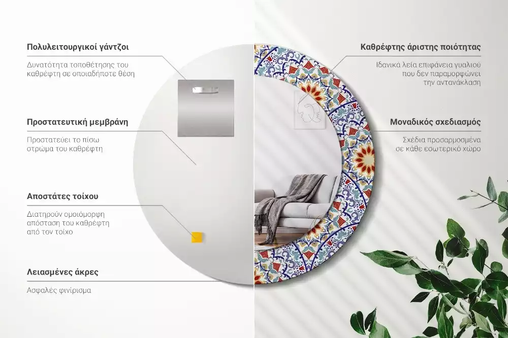 Miroir rond cadre avec impression Composition orientale