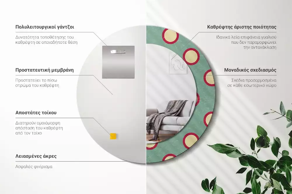 Miroir rond cadre avec impression Cercles en pois