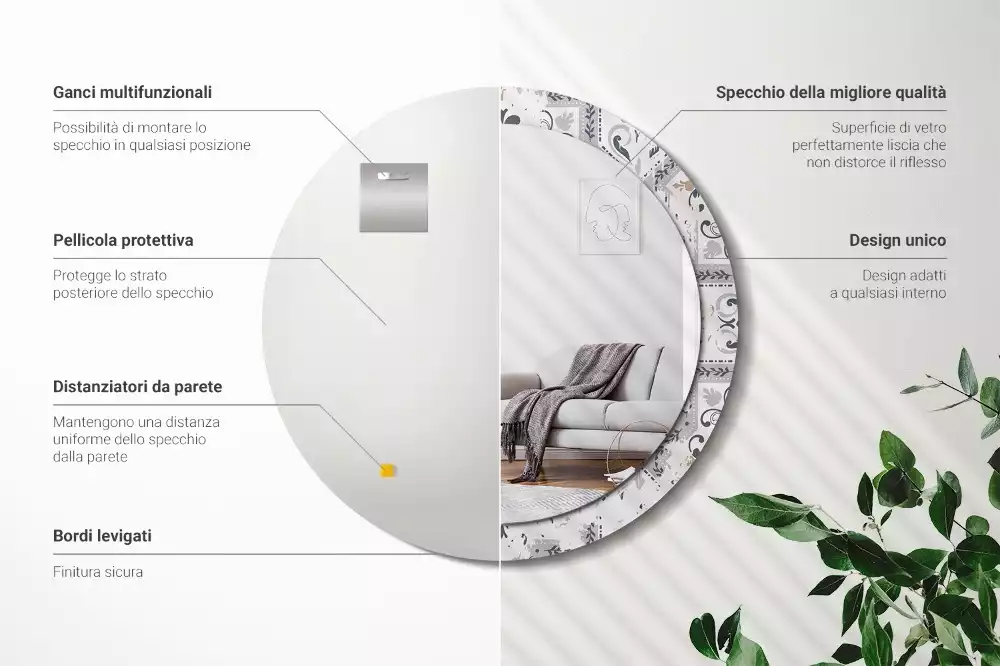 Miroir rond cadre avec impression Carreaux rétro