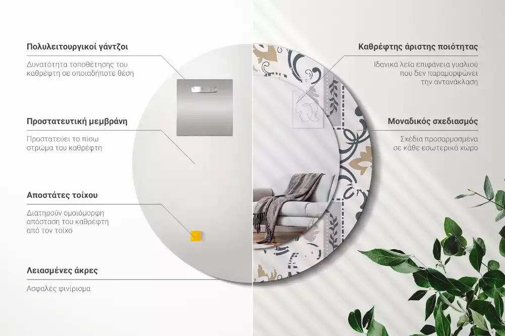 Miroir rond cadre avec impression Carreaux rétro