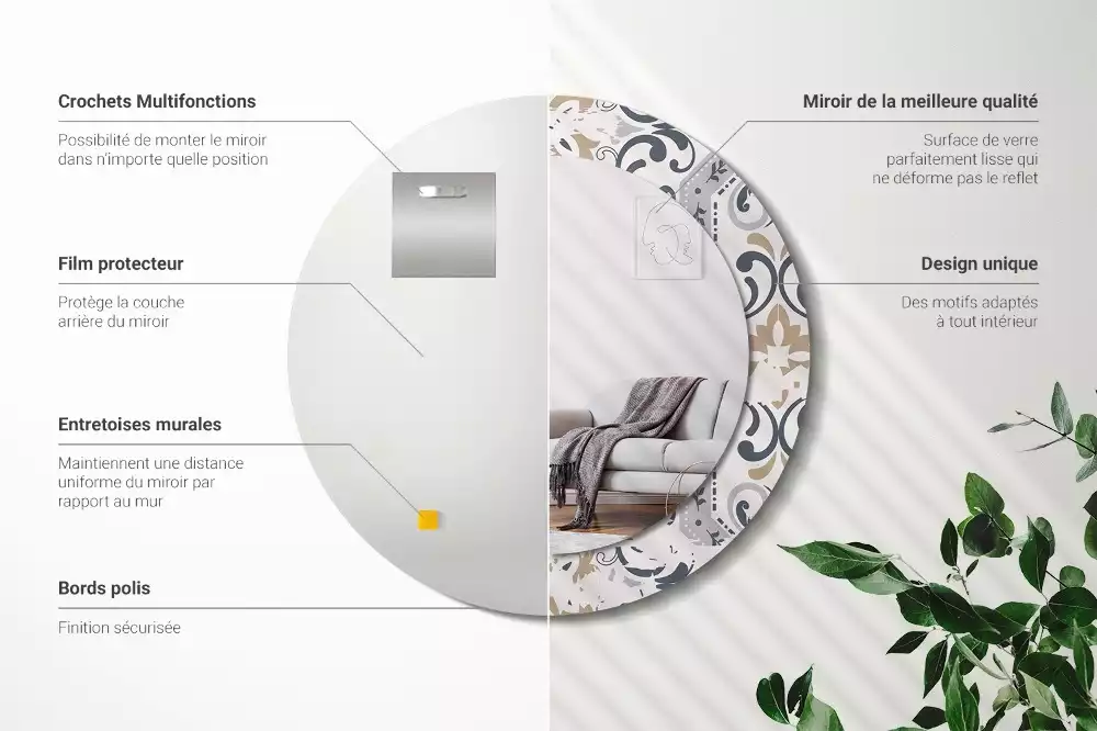 Miroir rond cadre avec impression Carreaux rétro