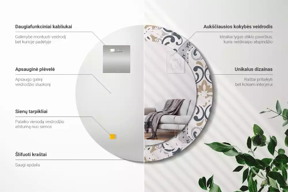 Miroir rond cadre avec impression Carreaux rétro