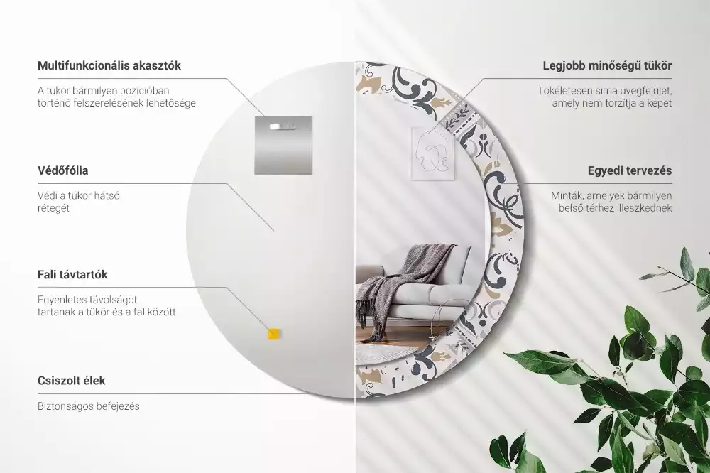 Miroir rond cadre avec impression Carreaux rétro