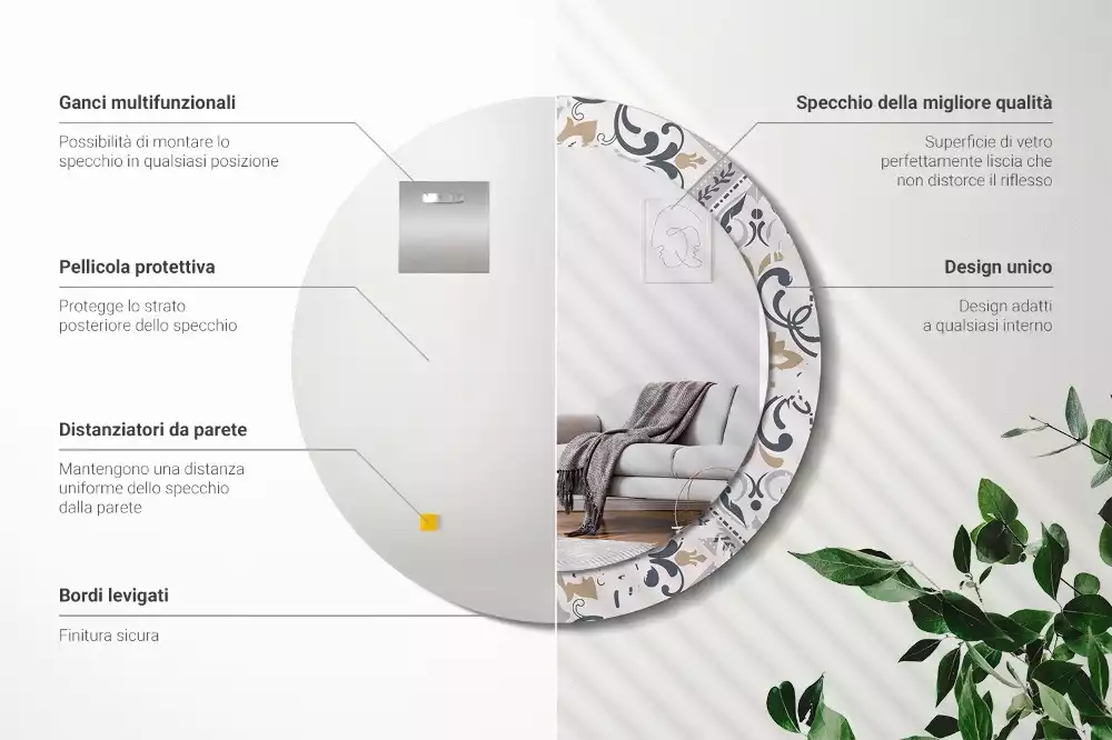 Miroir rond cadre avec impression Carreaux rétro