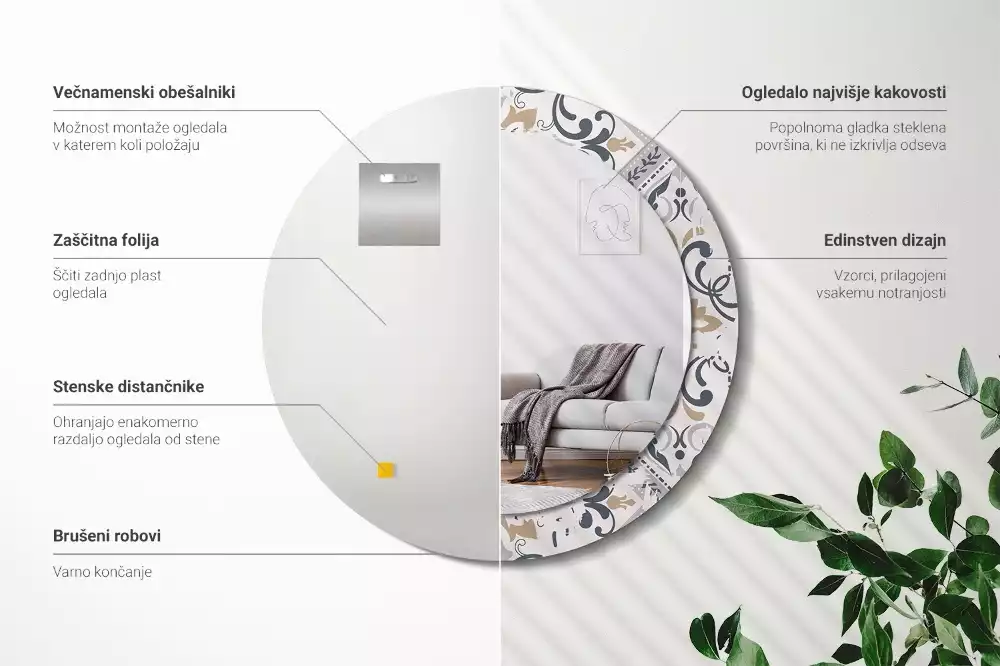 Miroir rond cadre avec impression Carreaux rétro