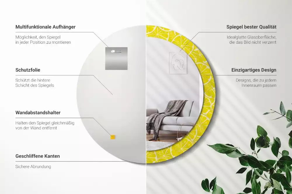 Miroir rond cadre avec impression Citrons