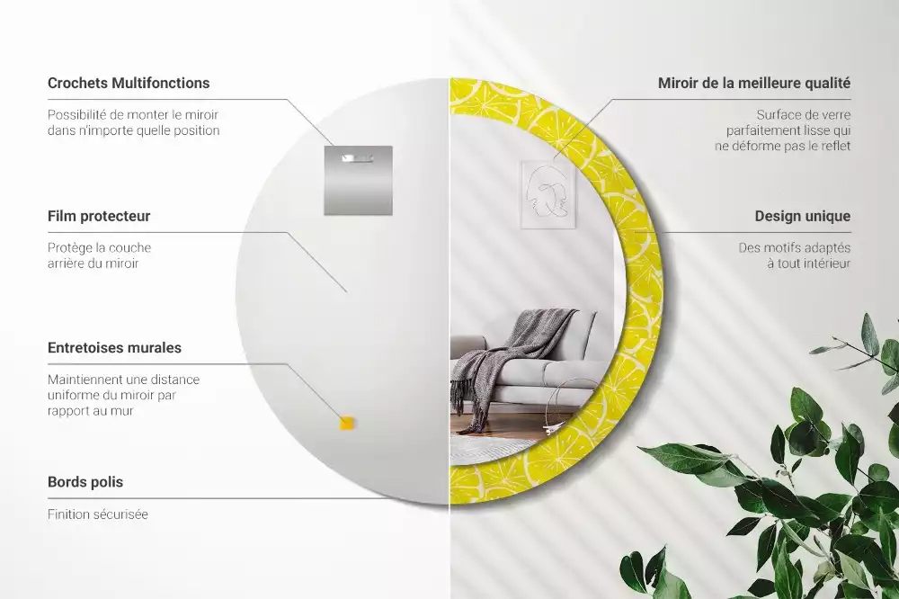 Miroir rond cadre avec impression Citrons