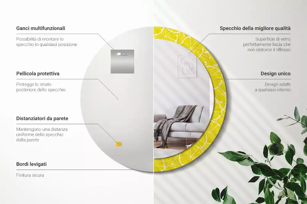 Miroir rond cadre avec impression Citrons