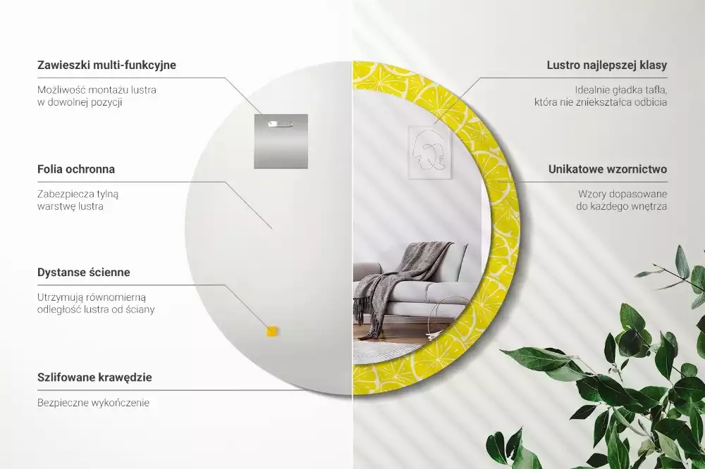 Miroir rond cadre avec impression Citrons