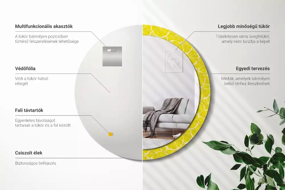 Miroir rond cadre avec impression Citrons