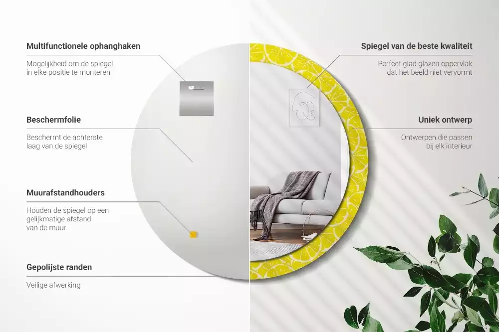Miroir rond cadre avec impression Citrons