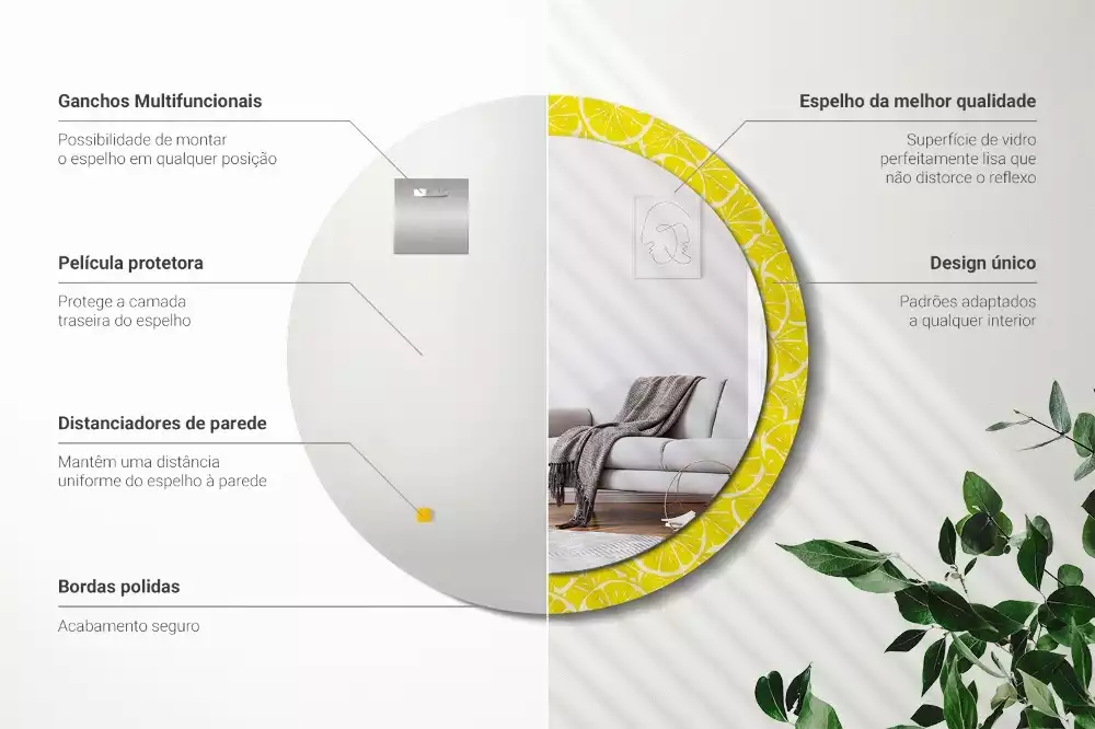 Miroir rond cadre avec impression Citrons