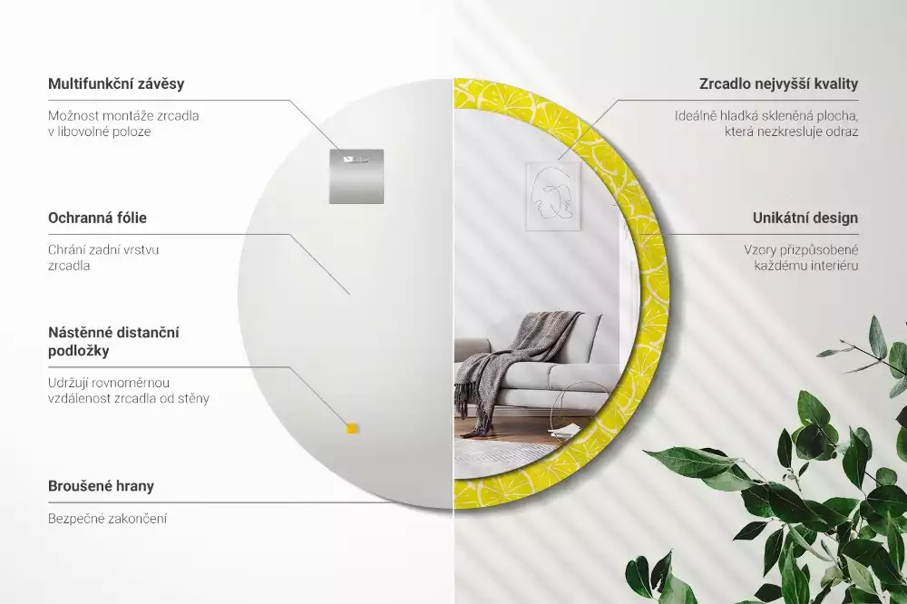 Miroir rond cadre avec impression Citrons