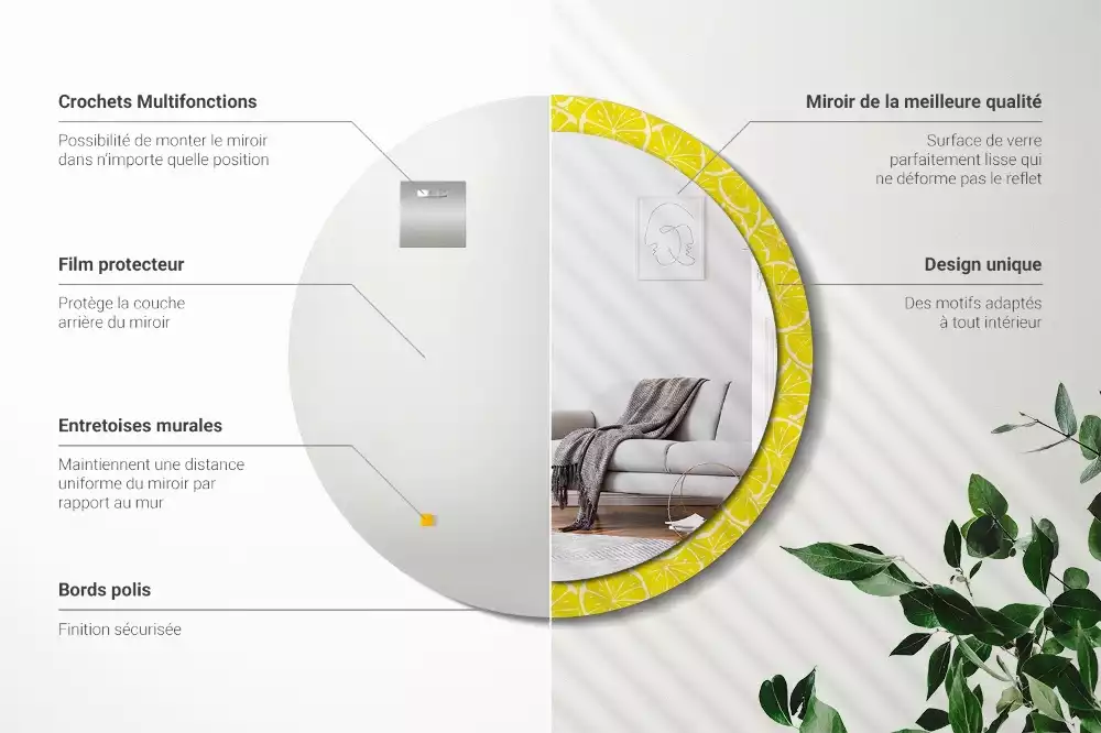 Miroir rond cadre avec impression Citrons