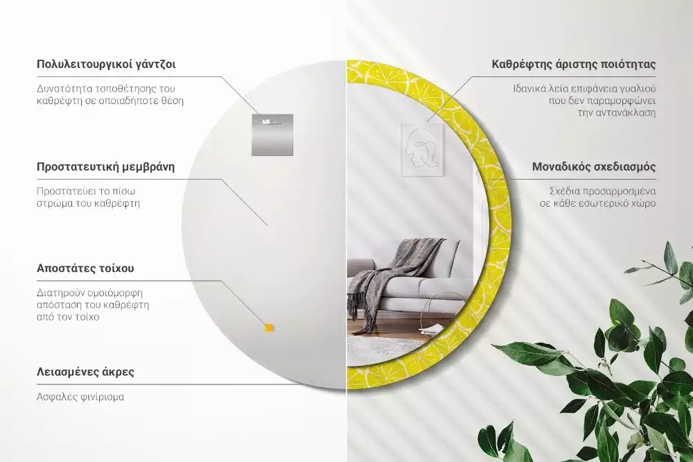 Miroir rond cadre avec impression Citrons