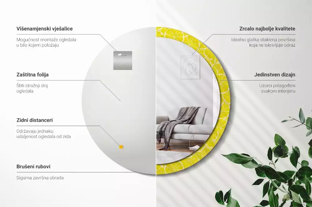Miroir rond cadre avec impression Citrons