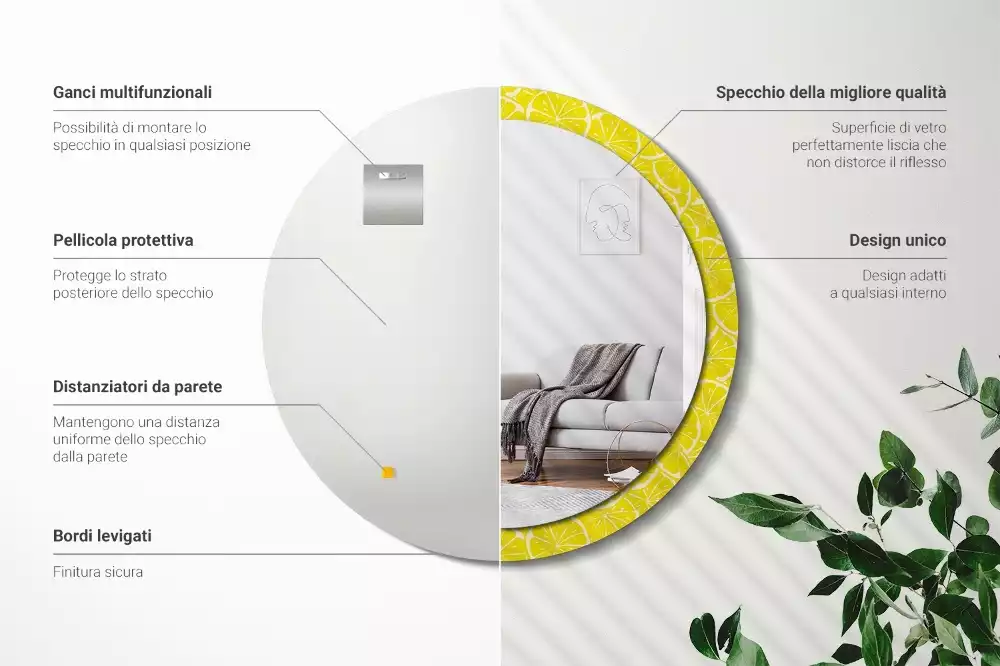 Miroir rond cadre avec impression Citrons