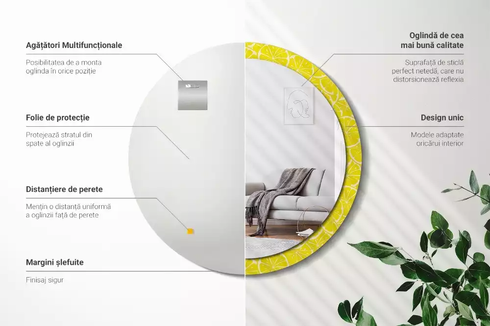 Miroir rond cadre avec impression Citrons