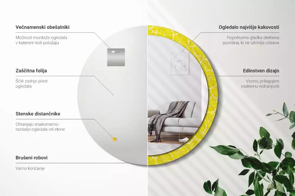 Miroir rond cadre avec impression Citrons