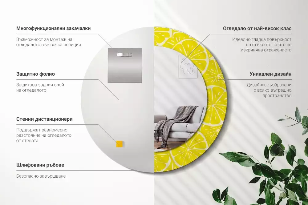 Miroir rond cadre avec impression Citrons