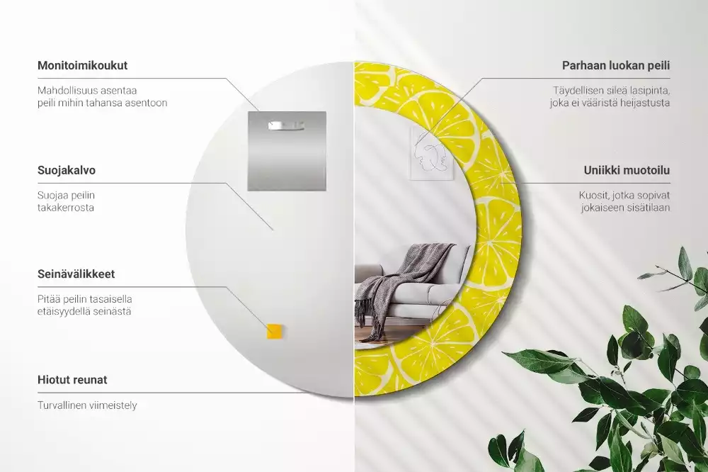 Miroir rond cadre avec impression Citrons