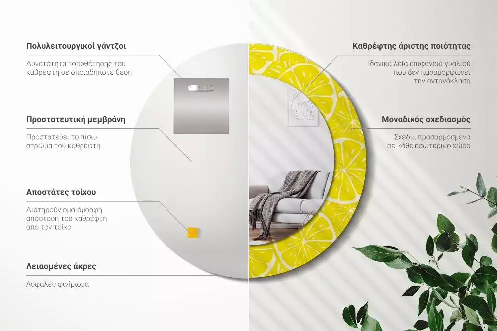 Miroir rond cadre avec impression Citrons