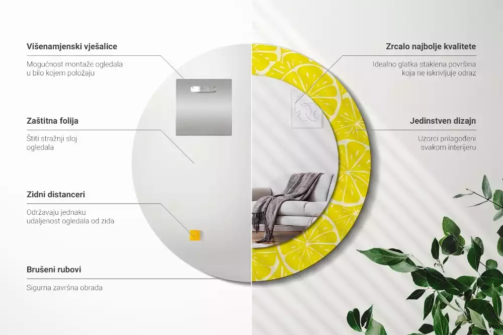 Miroir rond cadre avec impression Citrons