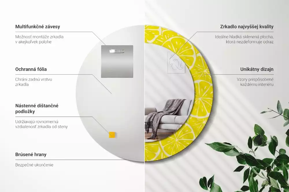 Miroir rond cadre avec impression Citrons